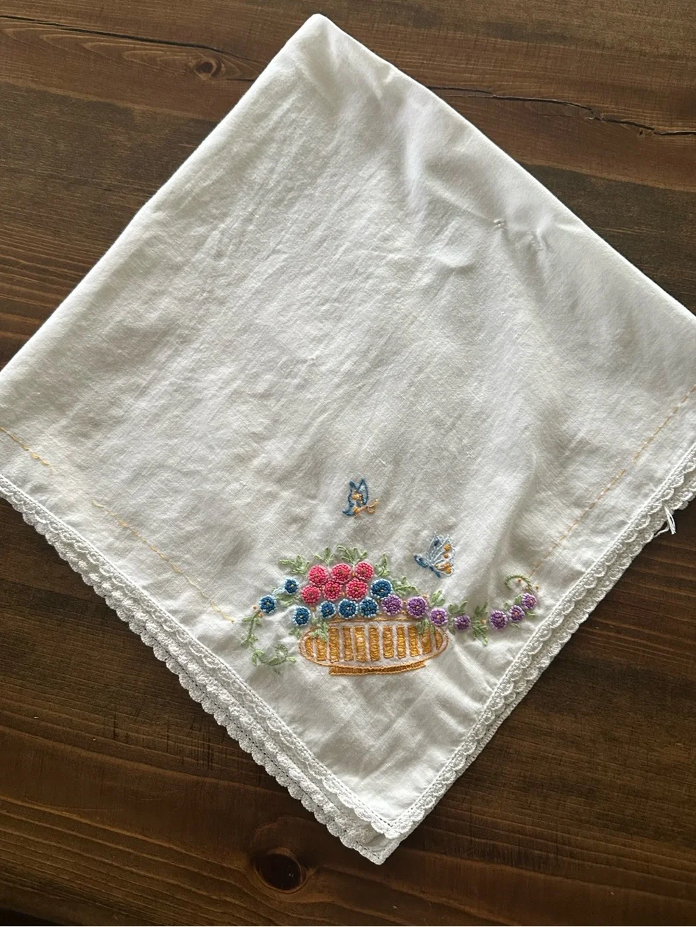 Vintage Hand Embroidered Bread Basket Liner Floral Butterfly Crochet Edge